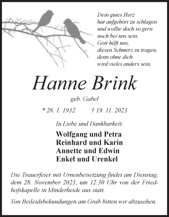 Anzeige von Hanne Brink von Mindener Tageblatt