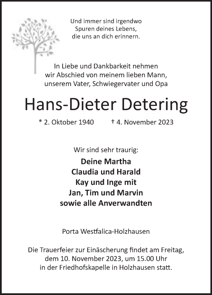  Traueranzeige für Hans-Dieter Detering vom 07.11.2023 aus Mindener Tageblatt