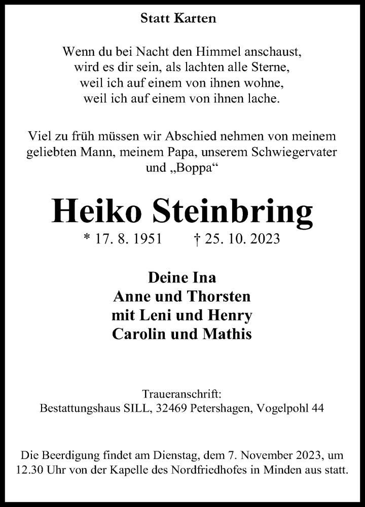  Traueranzeige für Heiko Steinbring vom 04.11.2023 aus Mindener Tageblatt