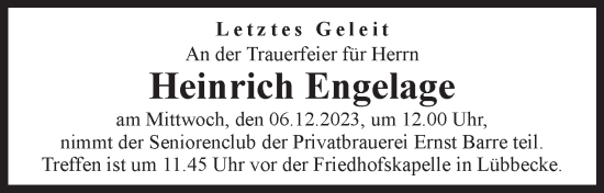 Anzeige von Heinrich Engelage von Mindener Tageblatt