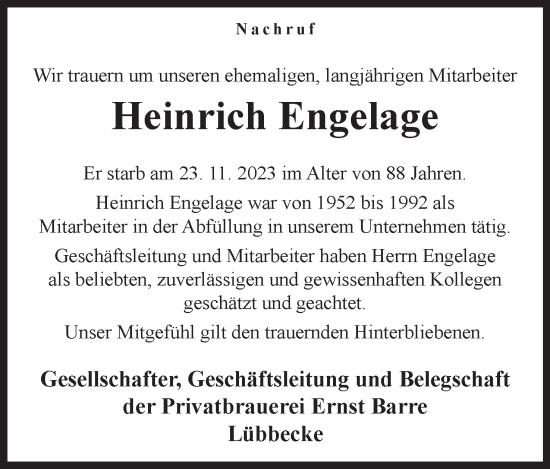 Anzeige von Heinrich Engelage von Mindener Tageblatt