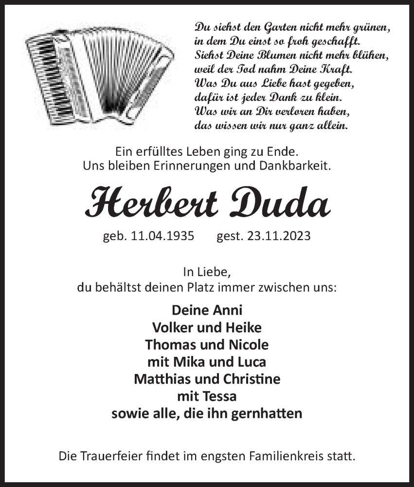  Traueranzeige für Herbert Duda vom 25.11.2023 aus Mindener Tageblatt