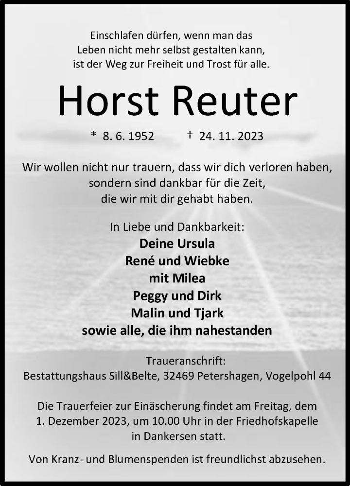  Traueranzeige für Horst Reuter vom 28.11.2023 aus Mindener Tageblatt