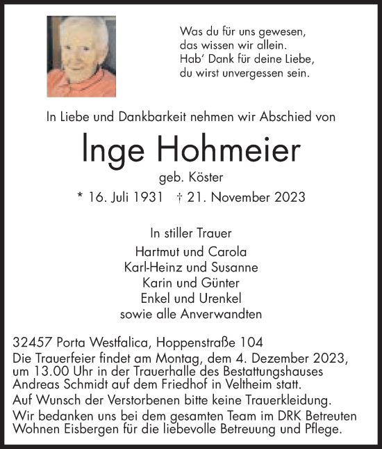 Anzeige von Inge Hohmeier von Mindener Tageblatt