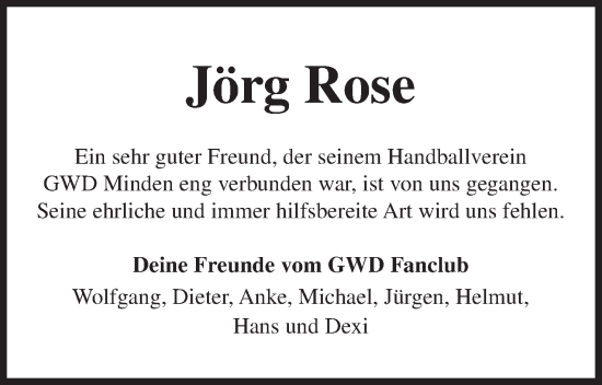 Anzeige von Jörg Rose von Mindener Tageblatt