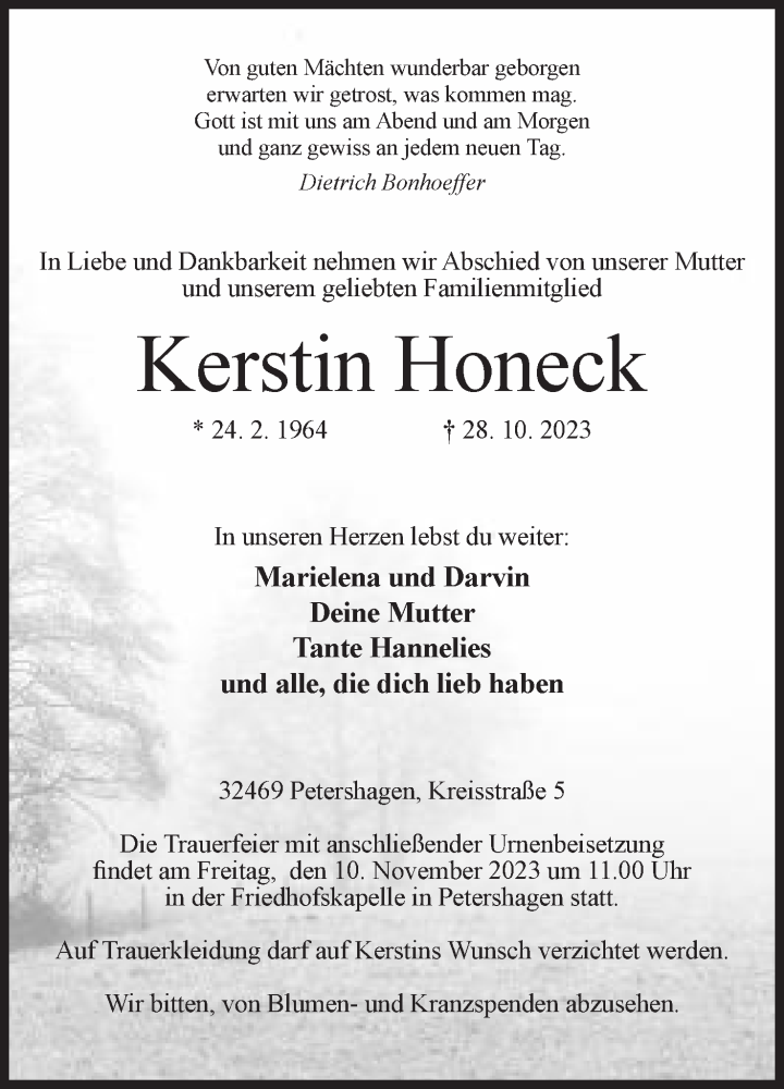  Traueranzeige für Kerstin Honeck vom 04.11.2023 aus Mindener Tageblatt