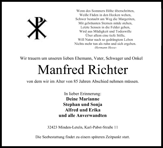 Anzeige von Manfred Richter von Mindener Tageblatt