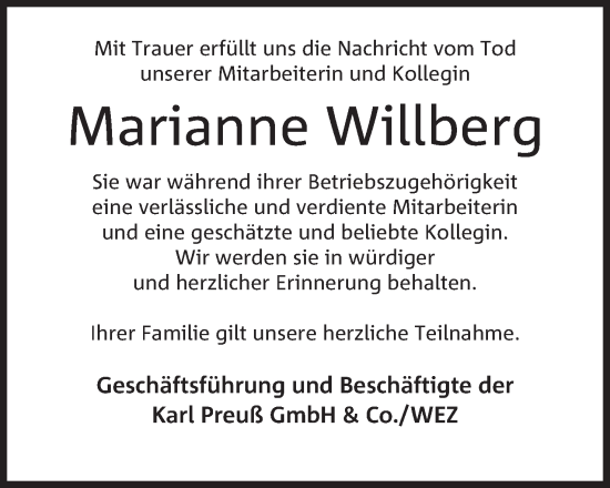 Anzeige von Marianne Willberg von Mindener Tageblatt