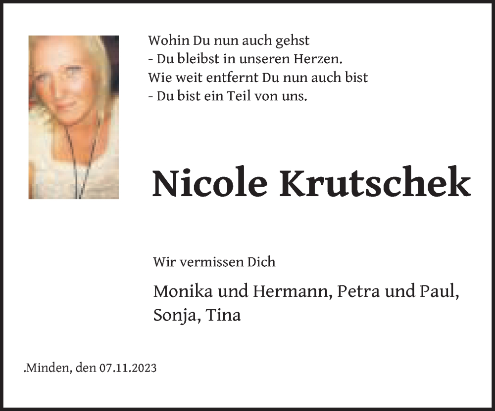  Traueranzeige für Nicole Krutschek vom 11.11.2023 aus Mindener Tageblatt