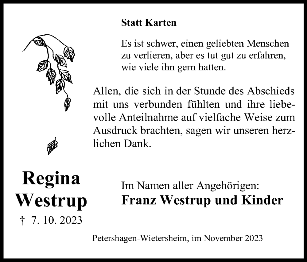  Traueranzeige für Regina Westrup vom 18.11.2023 aus Mindener Tageblatt