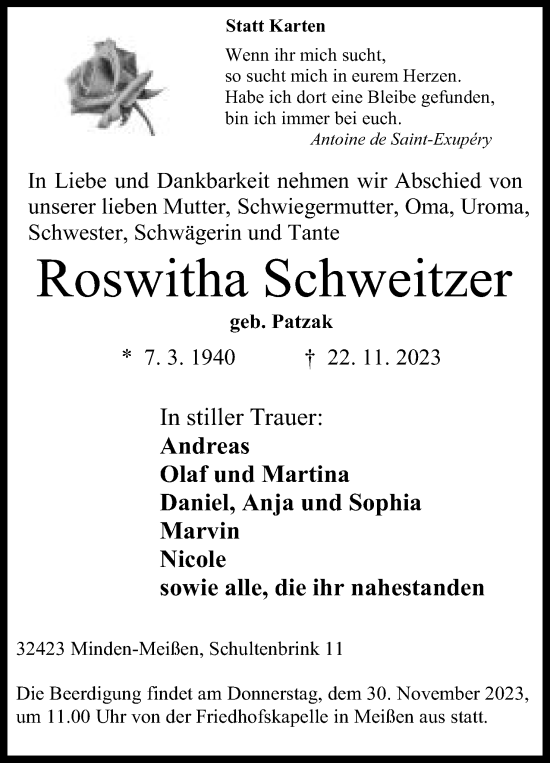 Anzeige von Roswitha Schweitzer von Mindener Tageblatt