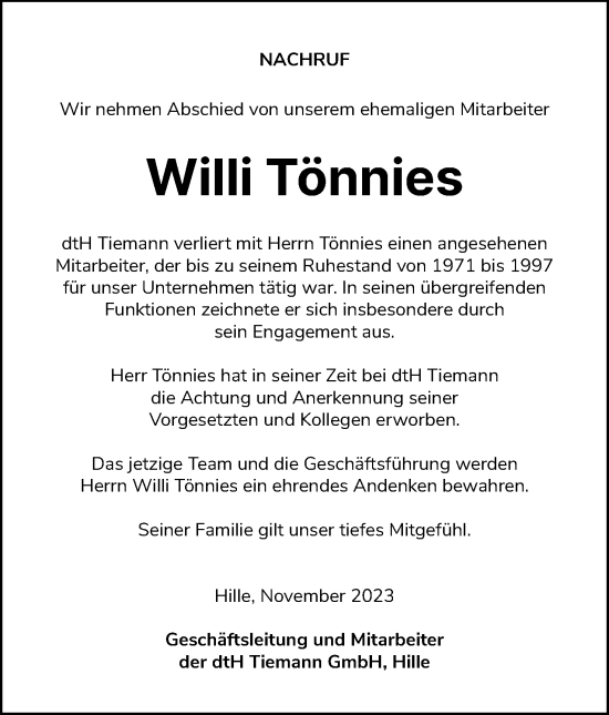 Anzeige von Willi Tönnies von Mindener Tageblatt