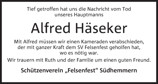 Anzeige von Alfred Häseker von Mindener Tageblatt