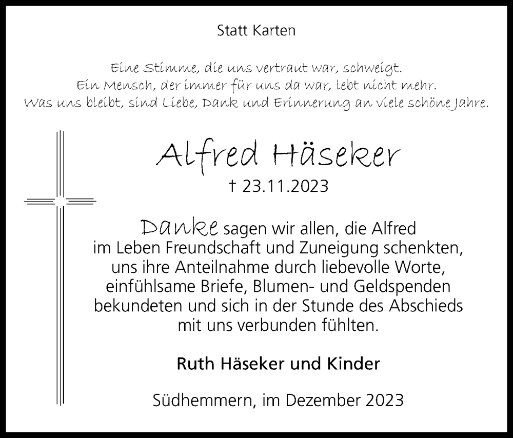  Traueranzeige für Alfred Häseker vom 23.12.2023 aus 4401