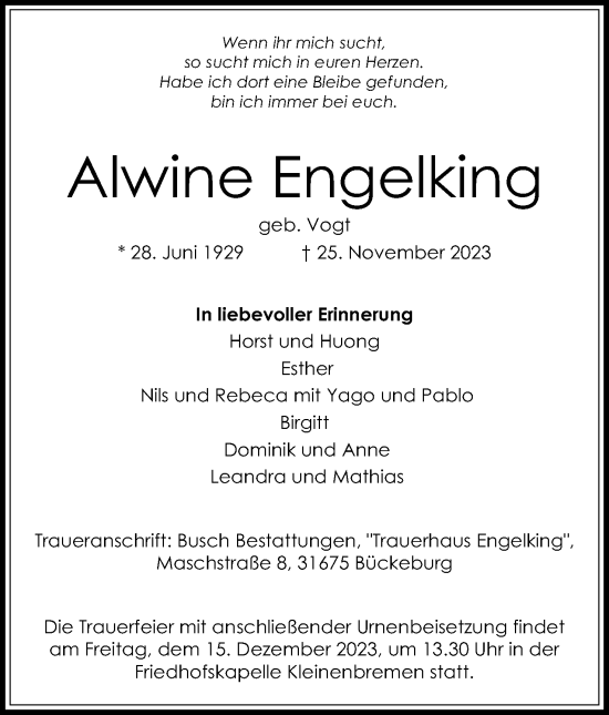 Anzeige von Alwine Engelking von Mindener Tageblatt