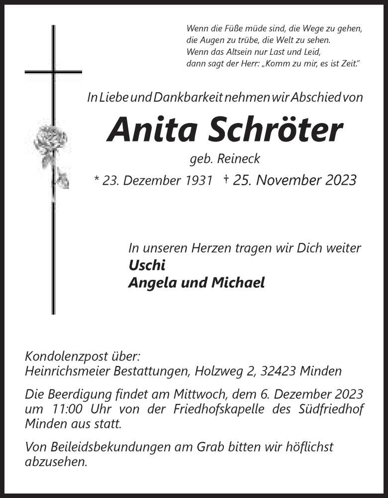  Traueranzeige für Anita Schröter vom 02.12.2023 aus Mindener Tageblatt