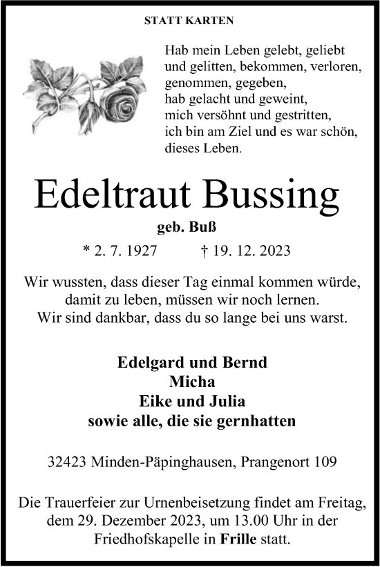 Anzeige von Edeltraut Bussing von 4401