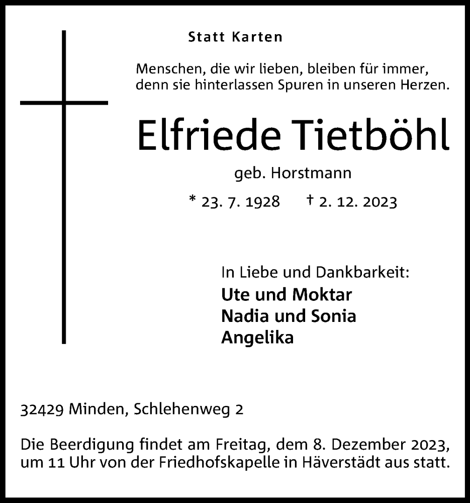  Traueranzeige für Elfriede Tietböhl vom 06.12.2023 aus 4401