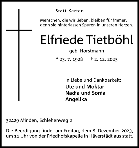 Anzeige von Elfriede Tietböhl von 4401