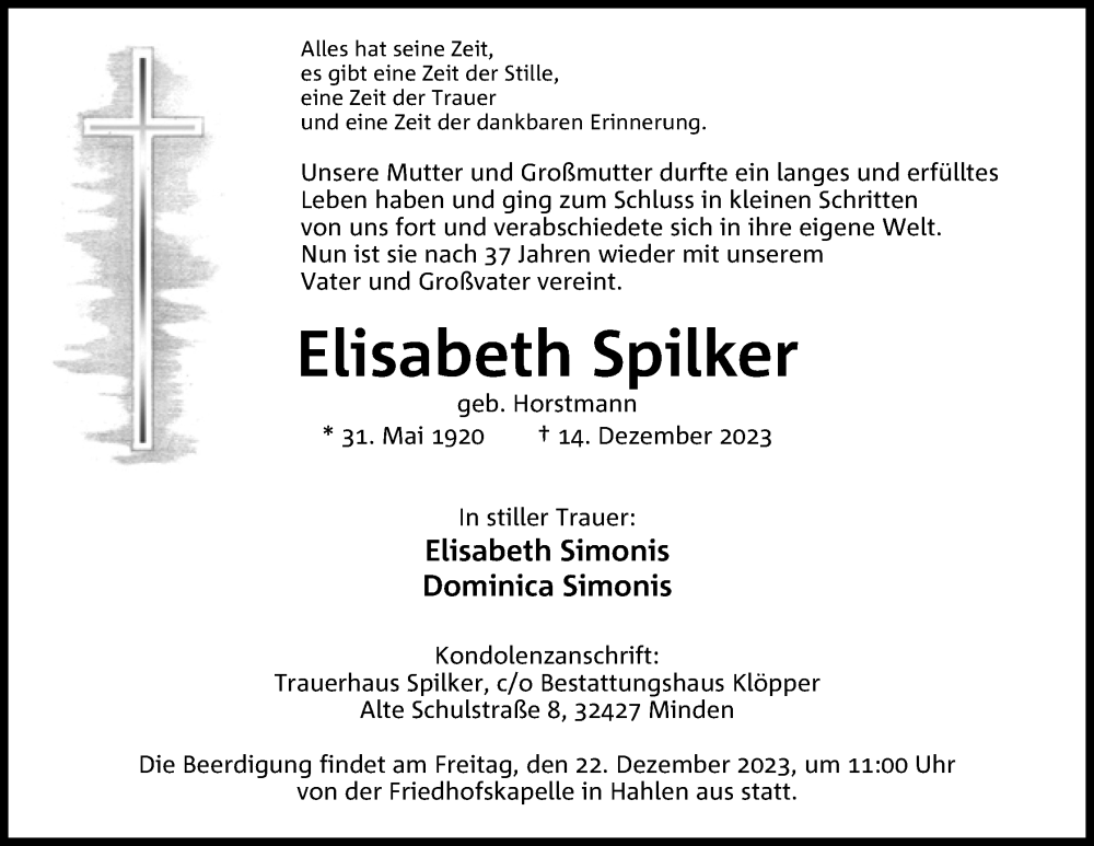  Traueranzeige für Elisabeth Spilker vom 16.12.2023 aus 4401