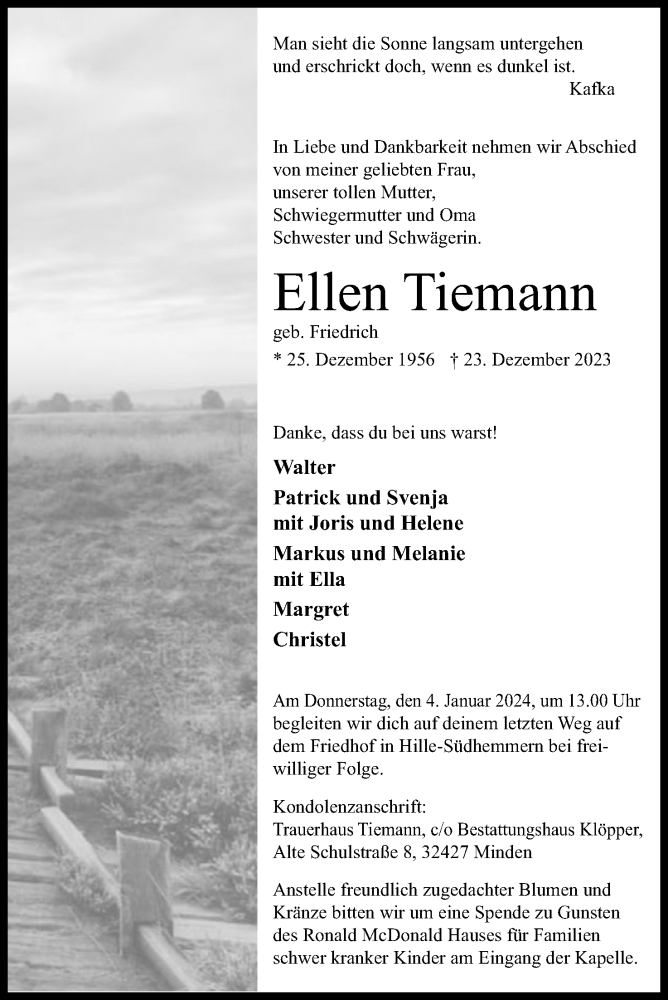  Traueranzeige für Ellen Tiemann vom 30.12.2023 aus 4401