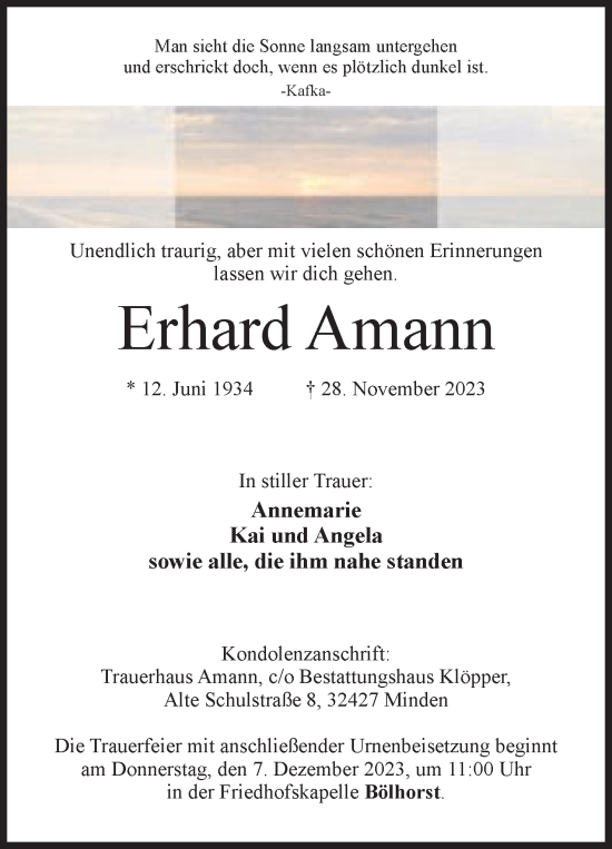 Anzeige von Erhard Amann von Mindener Tageblatt