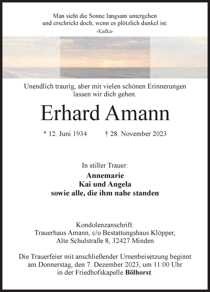  Traueranzeige für Erhard Amann vom 02.12.2023 aus Mindener Tageblatt