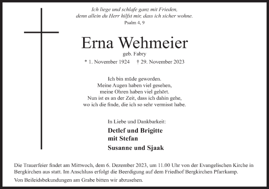 Anzeige von Erna Wehmeier von Mindener Tageblatt