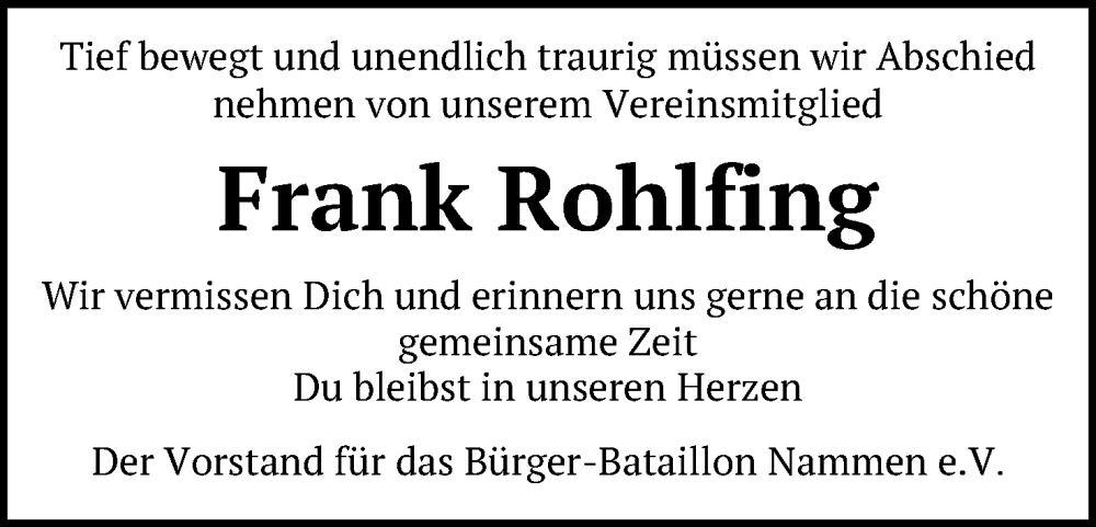  Traueranzeige für Frank Rohlfing vom 23.12.2023 aus 4401
