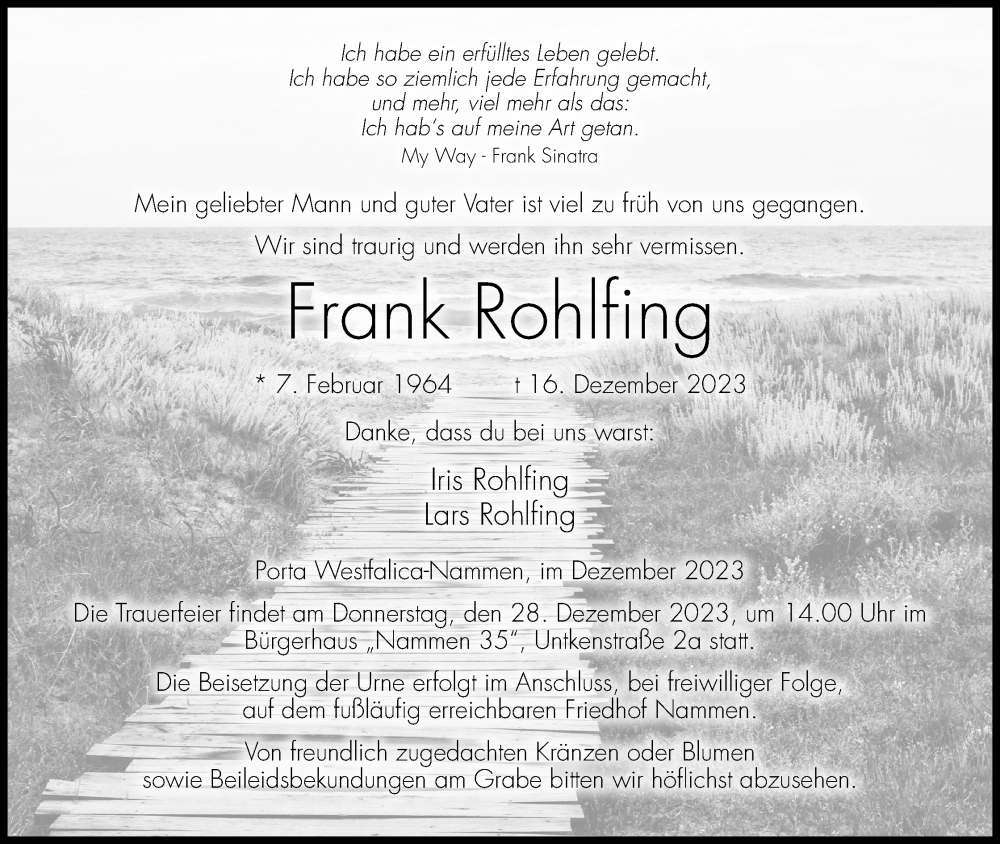 Traueranzeige für Frank Rohlfing vom 23.12.2023 aus 4401