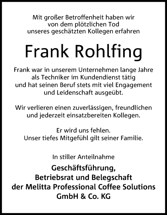 Anzeige von Frank Rohlfing von 4401