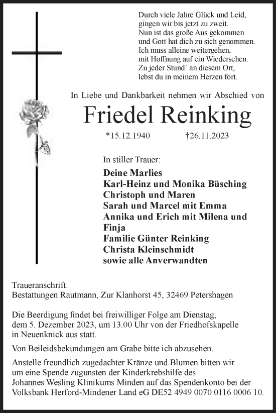 Anzeige von Friedel Reinking von Mindener Tageblatt