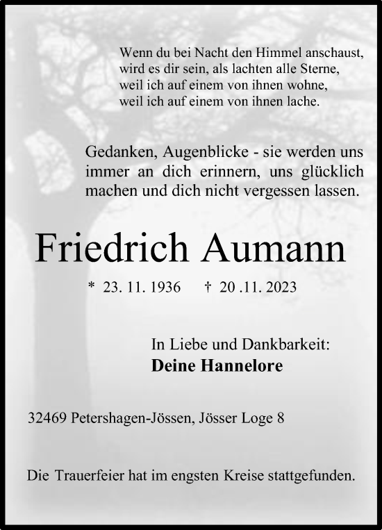 Anzeige von Friedrich Aumann von Mindener Tageblatt