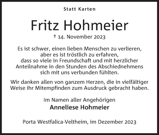 Anzeige von Fritz Hohmeier von Mindener Tageblatt