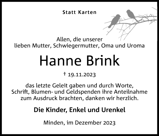 Anzeige von Hanne Brink von 4401