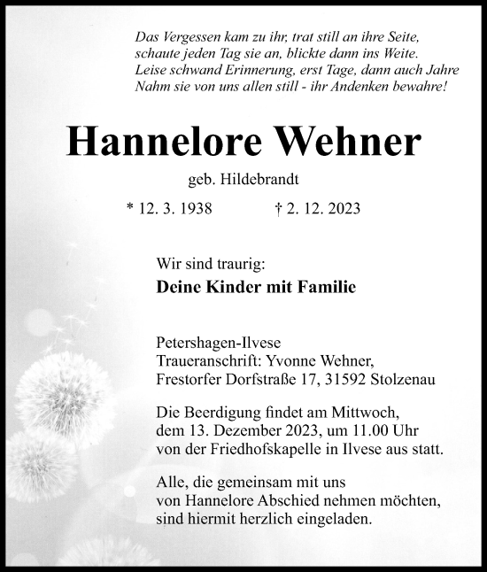 Anzeige von Hannelore Wehner von 4401