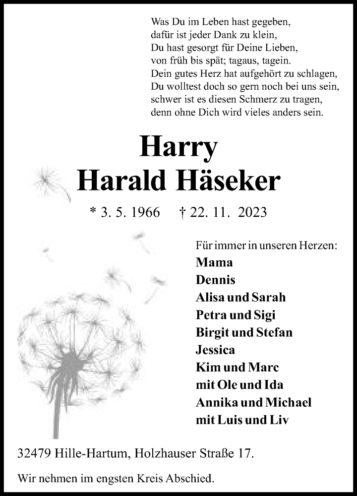  Traueranzeige für Harald Häseker vom 02.12.2023 aus Mindener Tageblatt