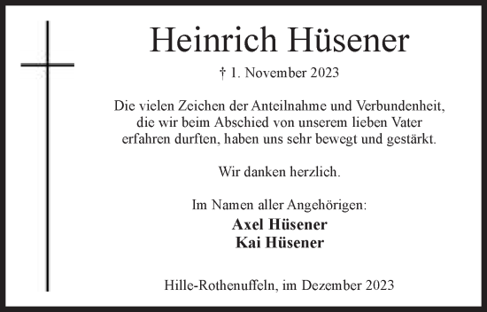 Anzeige von Heinrich Hüsener von Mindener Tageblatt