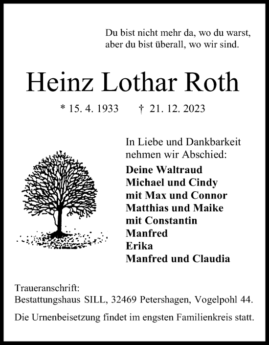 Anzeige von Heinz Lothar Roth von 4401