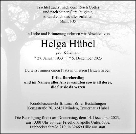 Anzeige von Helga Hübel von 4401