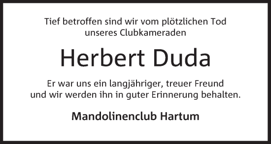 Anzeige von Herbert Duda von Mindener Tageblatt