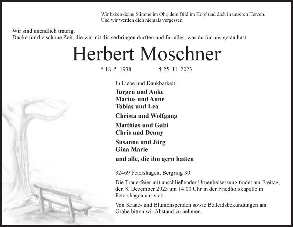  Traueranzeige für Herbert Moschner vom 02.12.2023 aus Mindener Tageblatt
