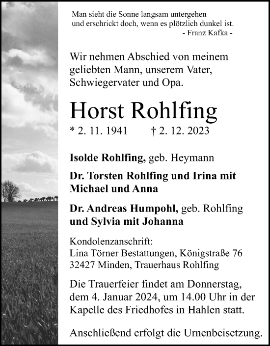 Anzeige von Horst Rohlfing von 4401