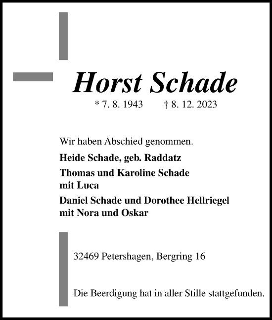 Anzeige von Horst Schade von 4401