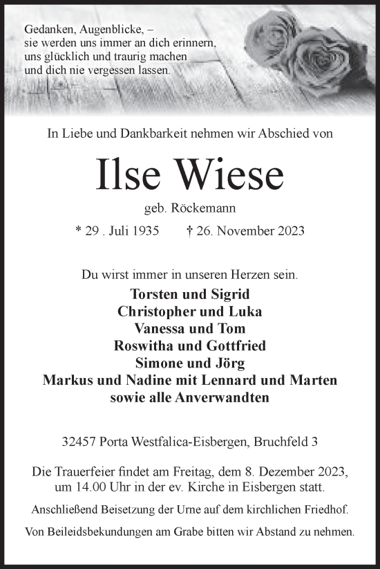 Anzeige von Ilse Wiese von Mindener Tageblatt