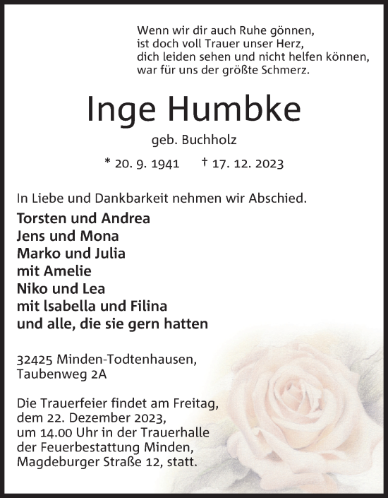 Anzeige von Inge Humbke von 4401