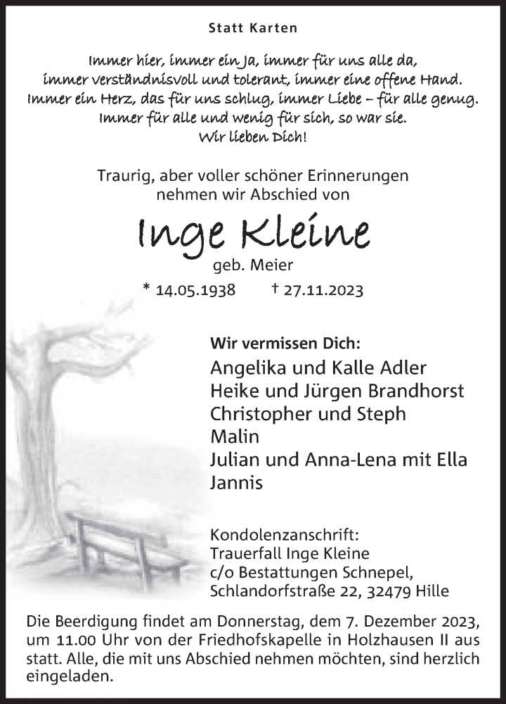  Traueranzeige für Inge Kleine vom 02.12.2023 aus Mindener Tageblatt