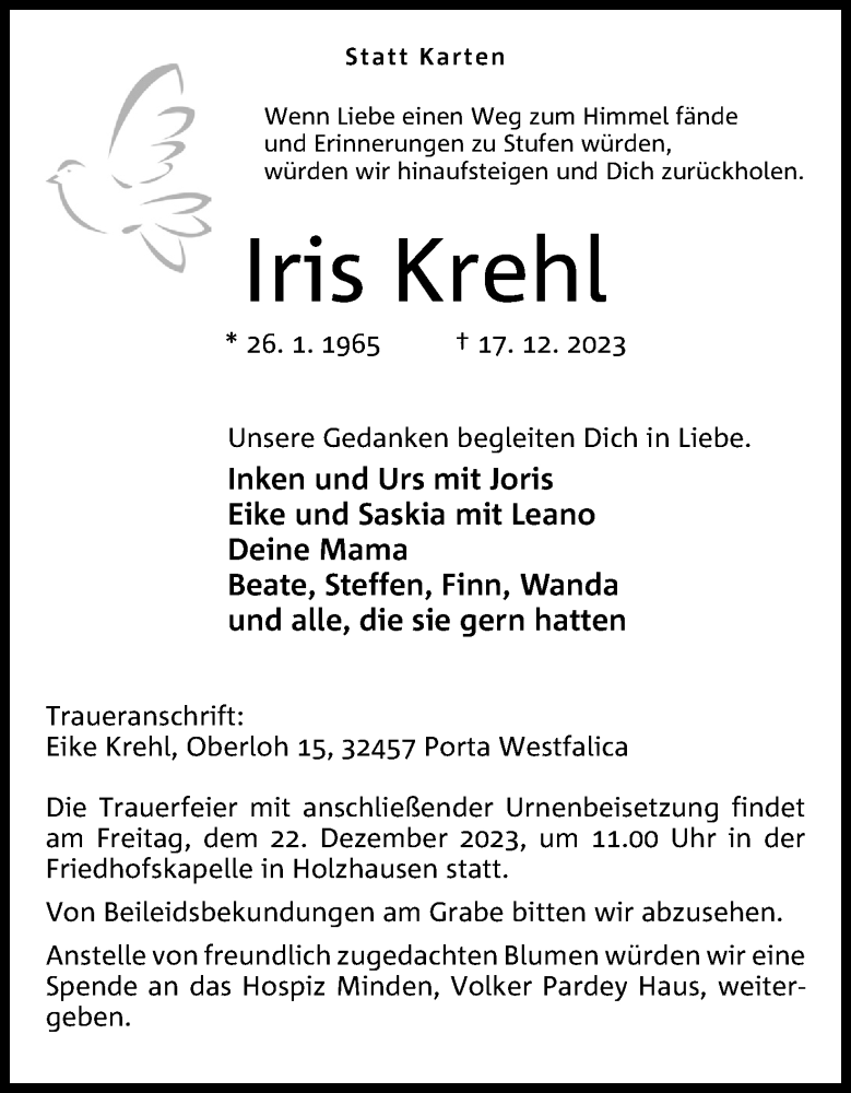  Traueranzeige für Iris Krehl vom 20.12.2023 aus 4401