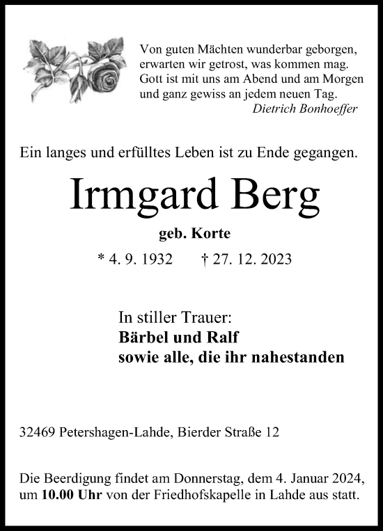 Anzeige von Irmgard Berg von 4401