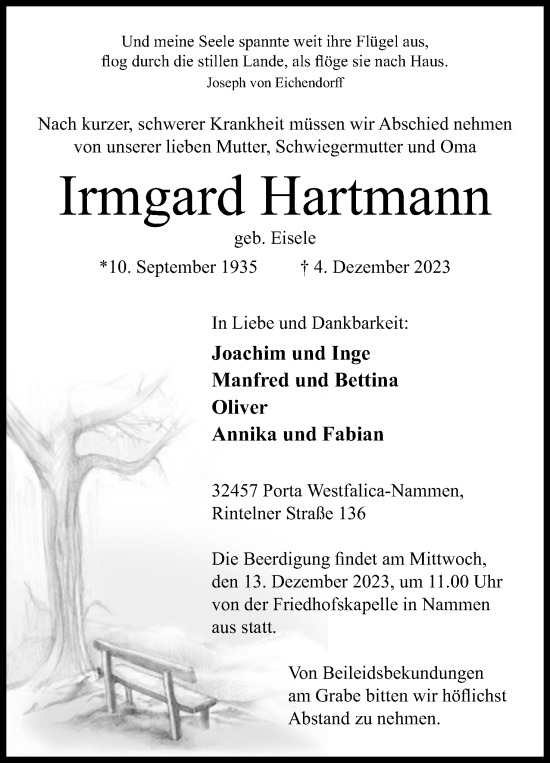 Anzeige von Irmgard Hartmann von 4401